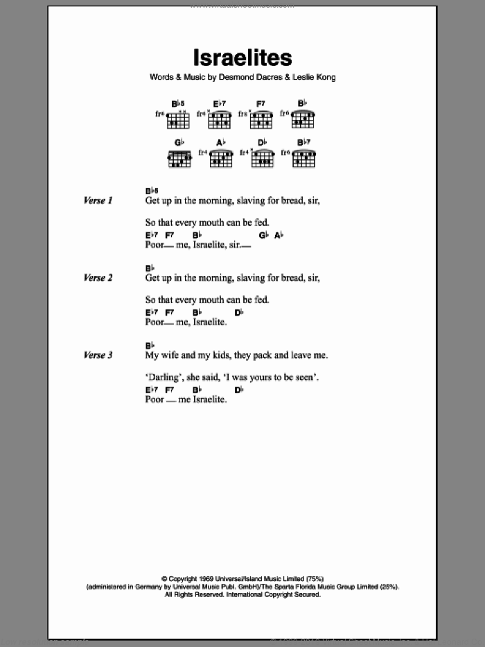 Israelites sheet music for guitar (chords) by Desmond Dekker & The Aces, Desmond Dekker, Desmond Dacres and Leslie Kong, intermediate skill level