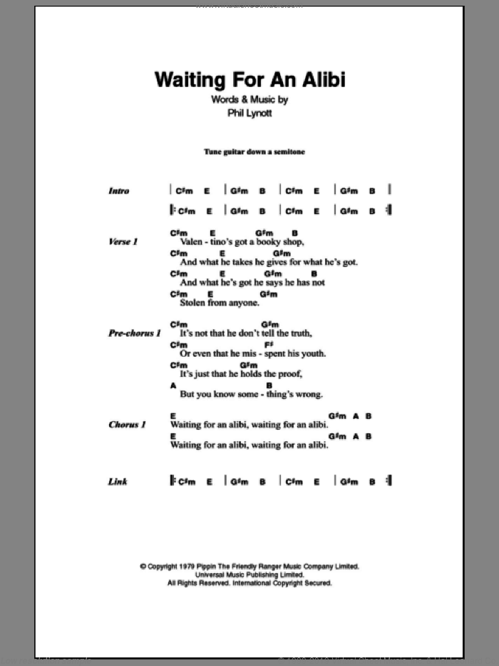 Waiting For An Alibi sheet music for guitar (chords) by Thin Lizzy and Phil Lynott, intermediate skill level