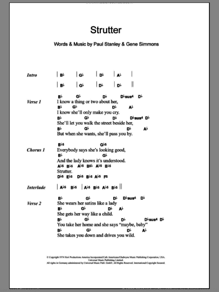 Strutter sheet music for guitar (chords) by KISS, Gene Simmons and Paul Stanley, intermediate skill level