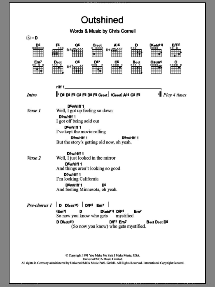 Outshined sheet music for guitar (chords) by Soundgarden and Chris Cornell, intermediate skill level