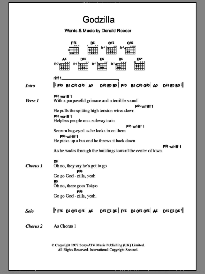Godzilla sheet music for guitar (chords) by Blue Oyster Cult and Donald Roeser, intermediate skill level