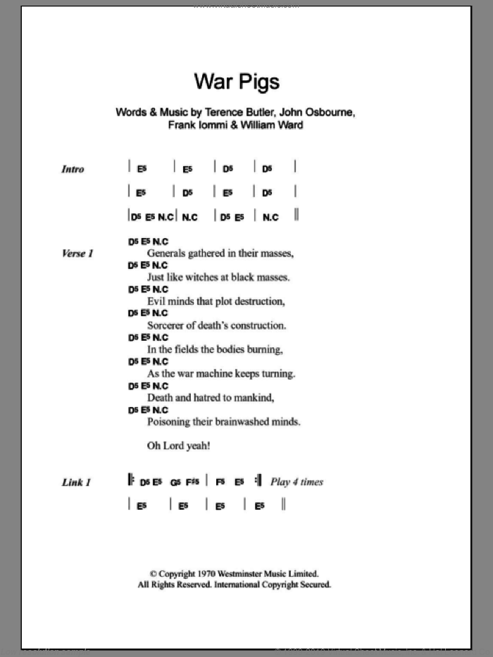War Pigs sheet music for guitar (chords) by Black Sabbath, Ozzy Osbourne, John Osbourne, Terence Butler, Tony Iommi and William Ward, intermediate skill level