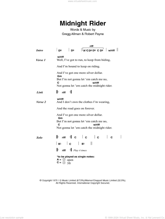 Midnight Rider sheet music for guitar (chords) by Allman Brothers Band, The Allman Brothers Band, Gregg Allman, Paul Davidson and Robert Payne, intermediate skill level