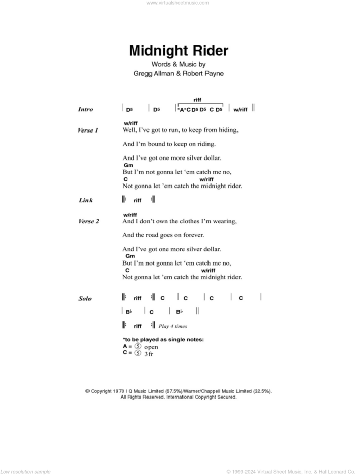 Midnight Rider sheet music for guitar (chords) by Allman Brothers Band, The Allman Brothers Band, Gregg Allman, Paul Davidson and Robert Payne, intermediate skill level