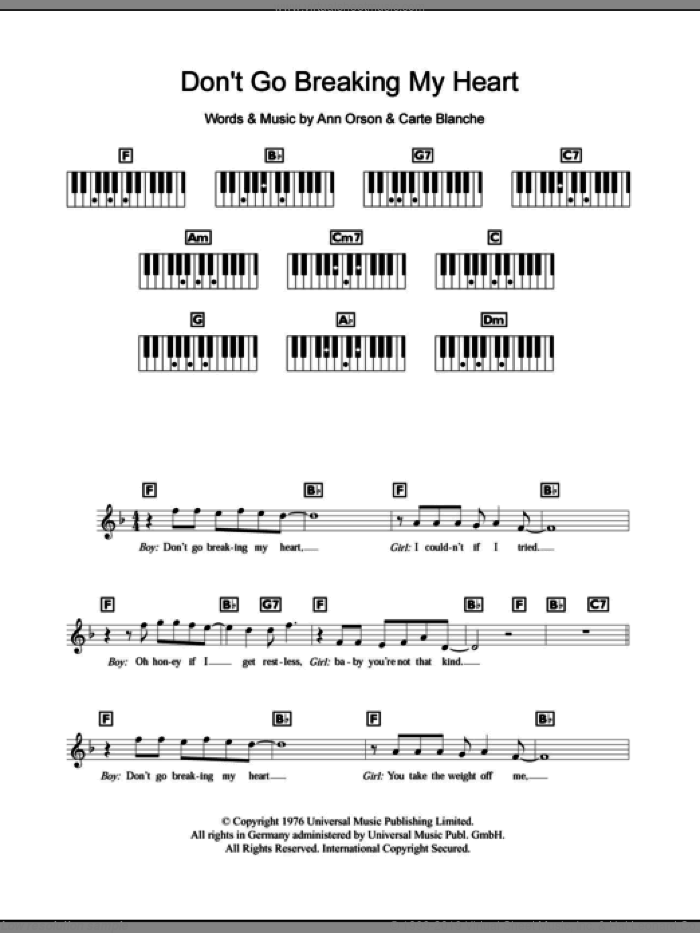 Don't Go Breaking My Heart sheet music for piano solo (chords, lyrics, melody) by Elton John, Ann Orson and Carte Blanche, intermediate piano (chords, lyrics, melody)