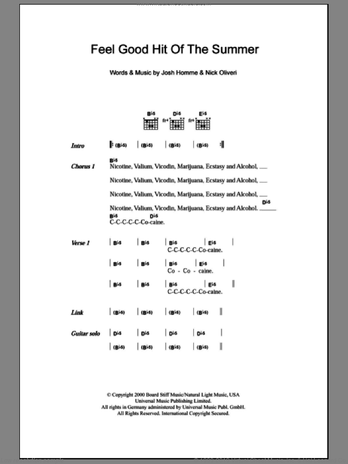 Feel Good Hit Of The Summer sheet music for guitar (chords) by Queens Of The Stone Age, Josh Homme and Nick Oliveri, intermediate skill level