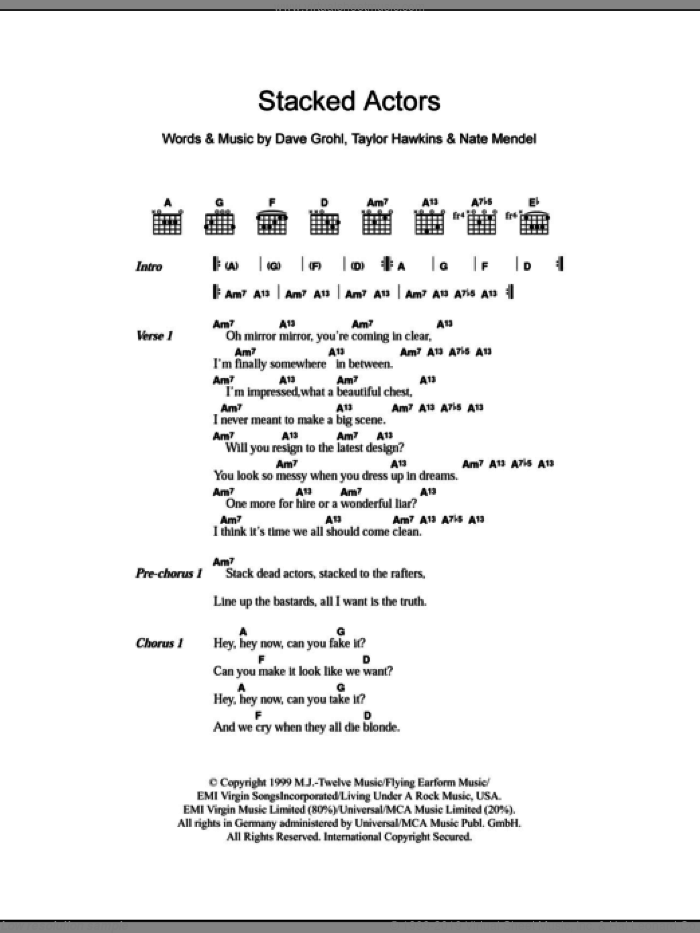 Stacked Actors sheet music for guitar (chords) by Foo Fighters, Dave Grohl, Nate Mendel and Taylor Hawkins, intermediate skill level