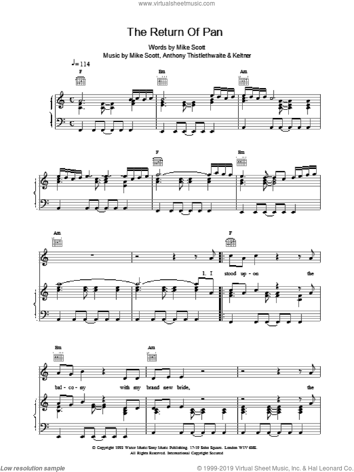 The Return Of Pan sheet music for voice, piano or guitar by The Waterboys and Mike Scott, intermediate skill level