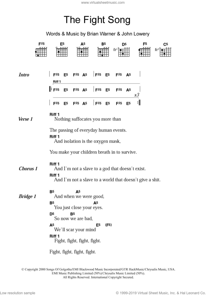 The Fight Song sheet music for guitar (chords) by Marylin Manson, Marilyn Manson, Brian Warner and John Lowery, intermediate skill level