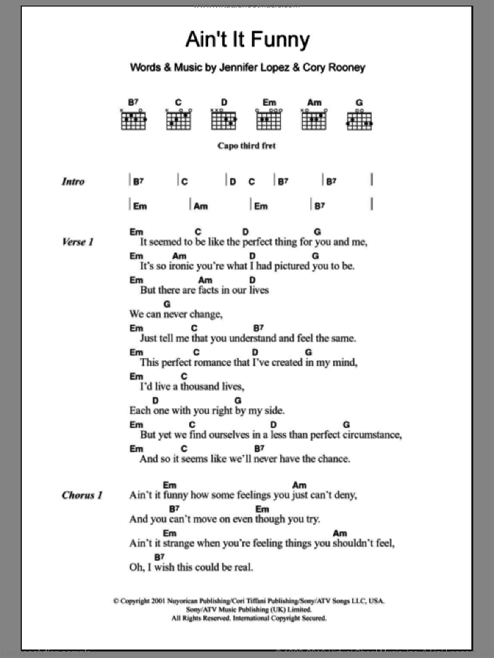 Ain't It Funny sheet music for guitar (chords) by Jennifer Lopez and Cory Rooney, intermediate skill level