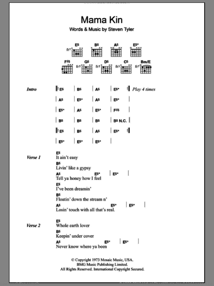 Mama Kin sheet music for guitar (chords) by Aerosmith and Steven Tyler, intermediate skill level