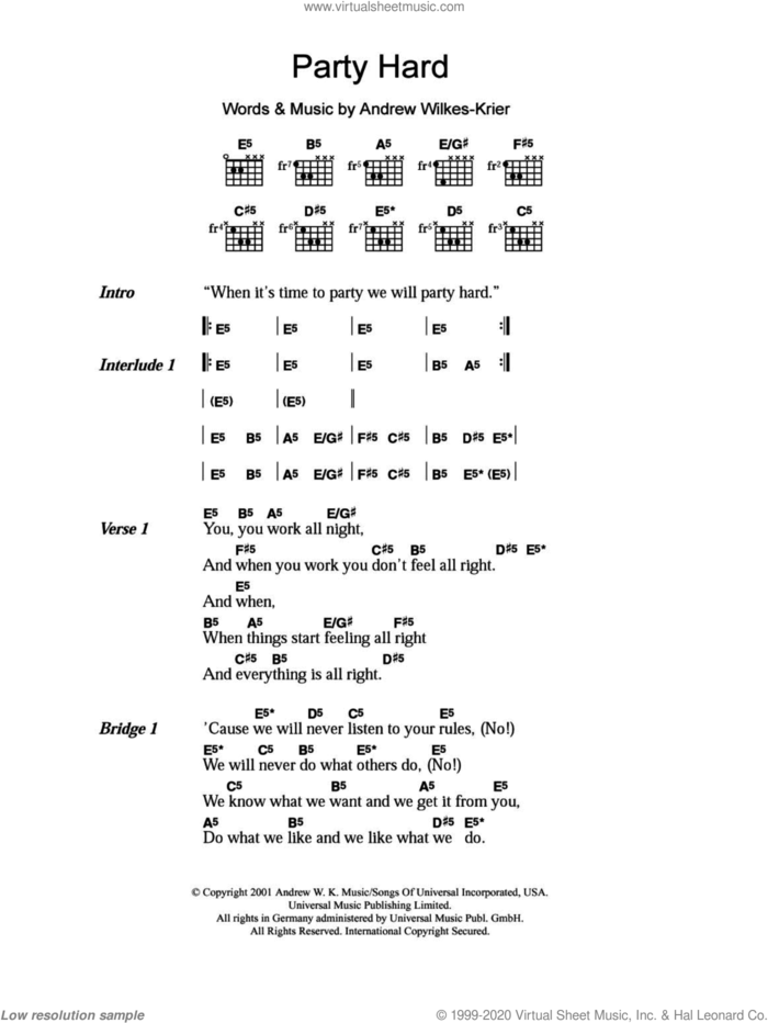Party Hard sheet music for guitar (chords) by Andrew W.K. and Andrew Wilkes-Krier, intermediate skill level