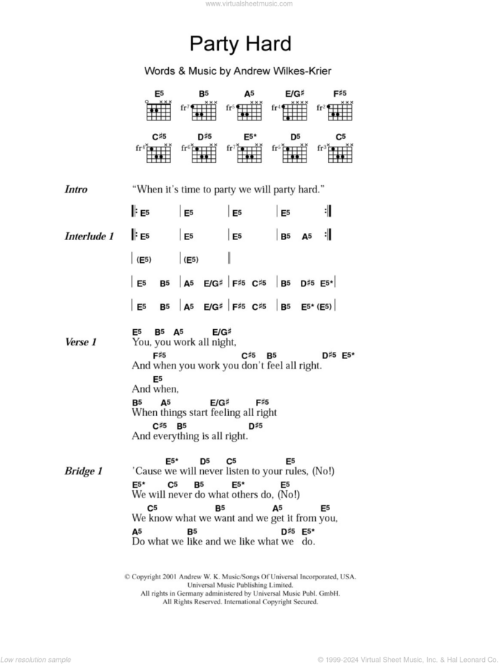 Party Hard sheet music for guitar (chords) by Andrew W.K. and Andrew Wilkes-Krier, intermediate skill level