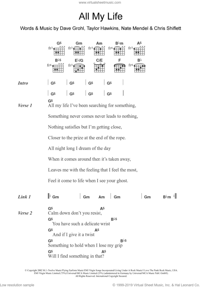 All My Life sheet music for guitar (chords) by Foo Fighters, Chris Shiflett, Dave Grohl, Nate Mendel and Taylor Hawkins, intermediate skill level