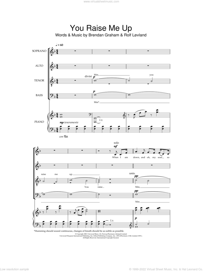 You Raise Me Up sheet music for choir (SATB: soprano, alto, tenor, bass) by Westlife, Brendan Graham and Rolf Lovland, wedding score, intermediate skill level