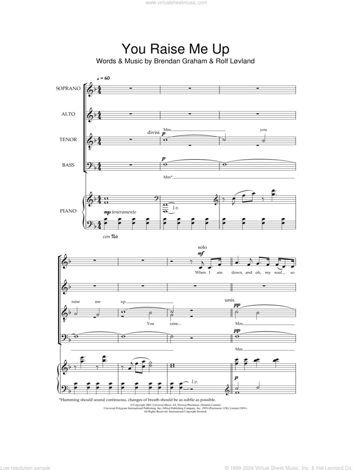 You Raise Me Up sheet music for choir (SATB: soprano, alto, tenor, bass) by Westlife, Brendan Graham and Rolf Lovland, wedding score, intermediate skill level