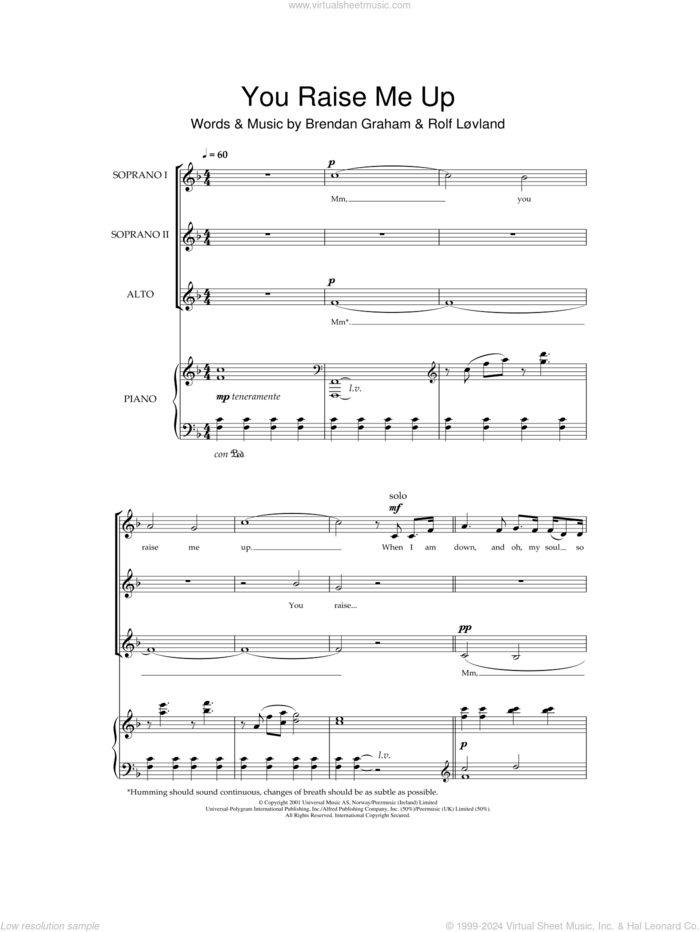 You Raise Me Up sheet music for choir (SSA: soprano, alto) by Westlife, Brendan Graham and Rolf Lovland, wedding score, intermediate skill level