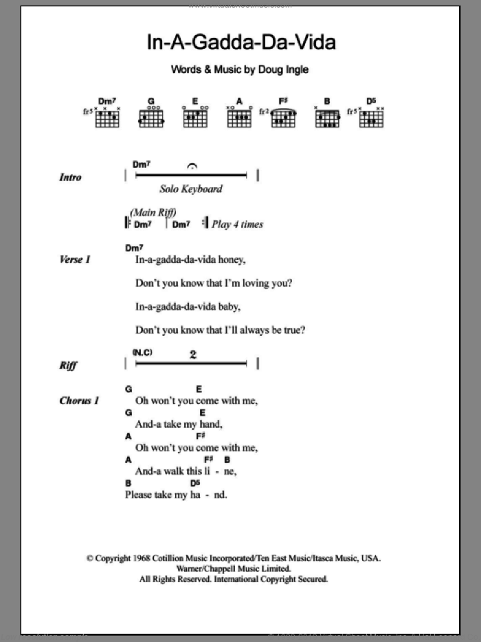 In-A-Gadda-Da-Vida sheet music for guitar (chords) by Iron Butterfly and Doug Ingle, intermediate skill level