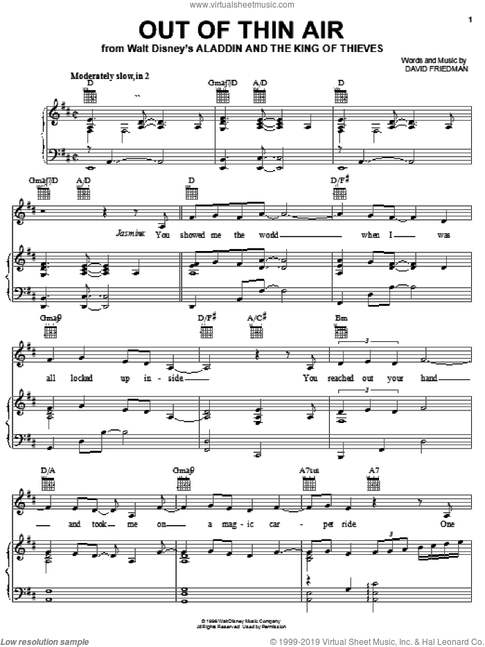 Out Of Thin Air (from Aladdin and the King of Thieves) sheet music for voice, piano or guitar by David Friedman, intermediate skill level