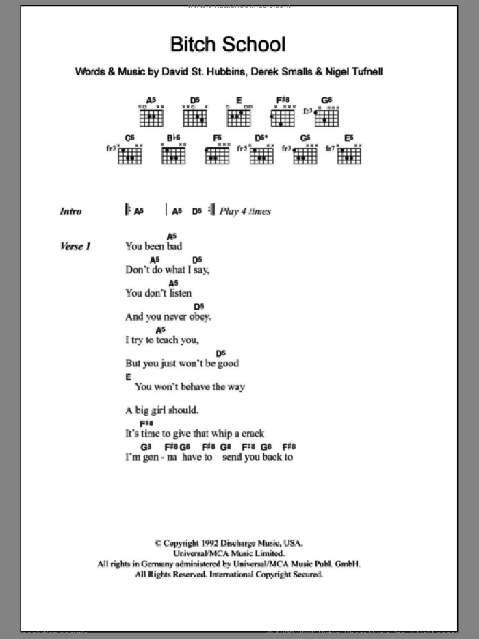 Bitch School sheet music for guitar (chords) by Spinal Tap, David St. Hubbins, Derek Smalls and Nigel Tufnell, intermediate skill level