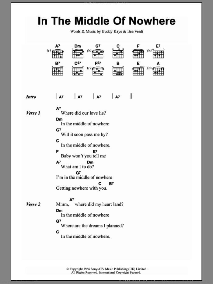 In The Middle Of Nowhere sheet music for guitar (chords) by Dusty Springfield, Bea Verdi and Buddy Kaye, intermediate skill level