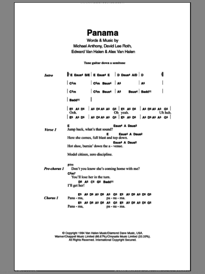 Panama sheet music for guitar (chords) by Edward Van Halen, Alex Van Halen, David Lee Roth and Michael Anthony, intermediate skill level