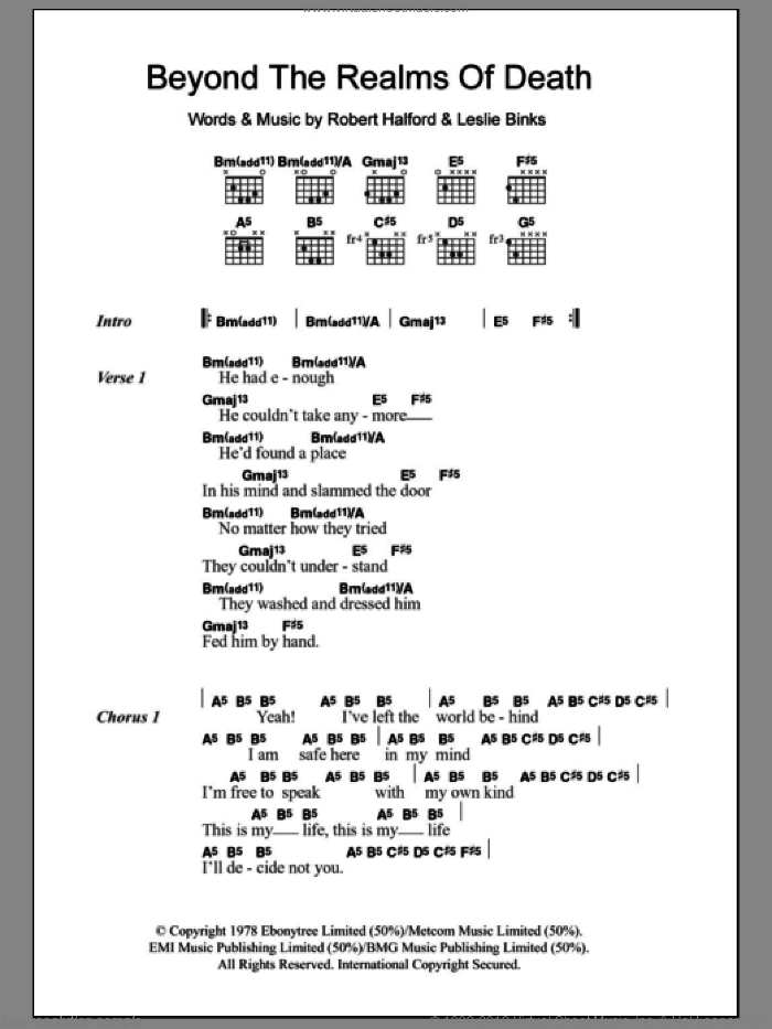 Beyond The Realms Of Death sheet music for guitar (chords) by Judas Priest, Leslie Binks and Rob Halford, intermediate skill level