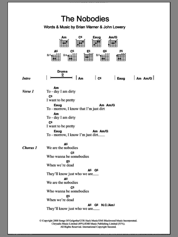 The Nobodies sheet music for guitar (chords) by Marylin Manson, Brian Warner and John Lowery, intermediate skill level