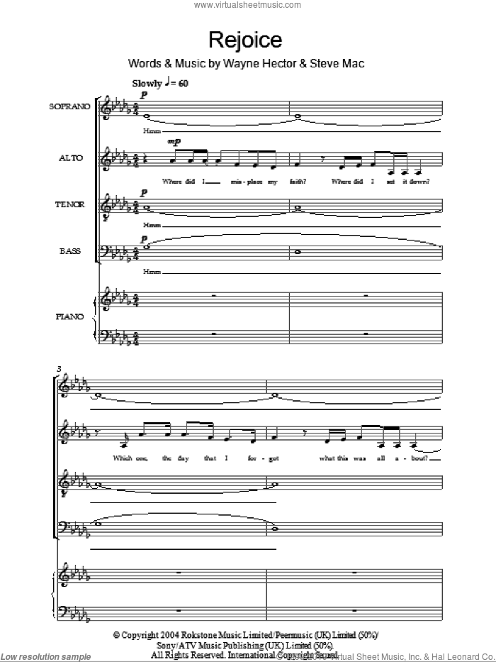 Rejoice sheet music for choir (SATB: soprano, alto, tenor, bass) by Katherine Jenkins, Steve Mac and Wayne Hector, classical score, intermediate skill level
