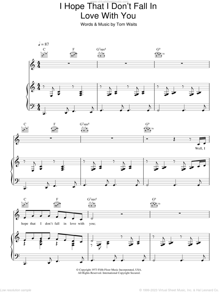 I Hope That I Don't Fall In Love With You sheet music for voice, piano or guitar by Tom Waits, intermediate skill level