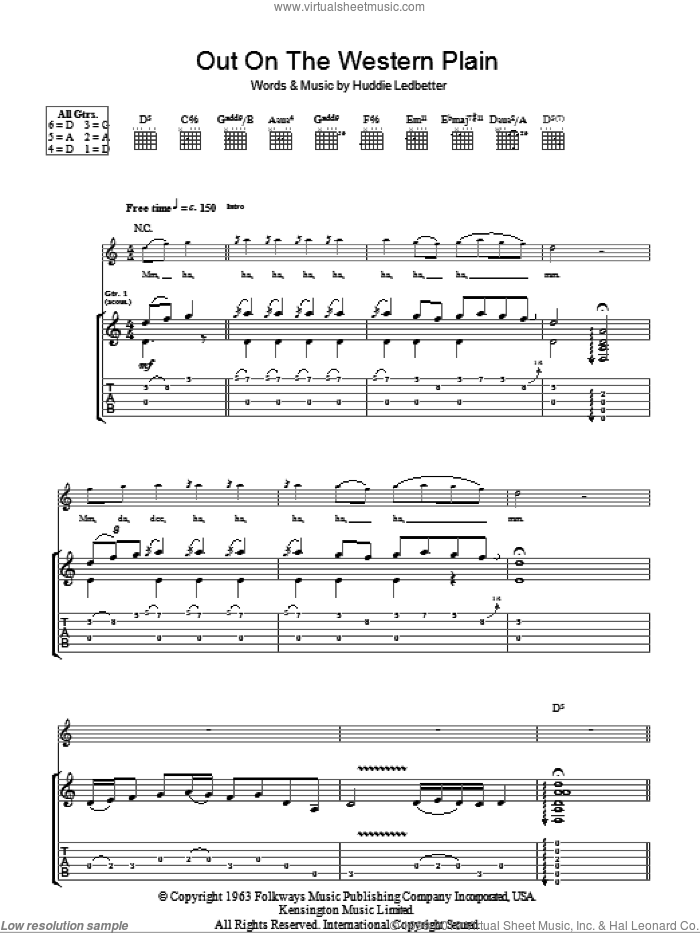 Out On The Western Plains sheet music for guitar (tablature) by Rory Gallagher and Huddie Ledbetter, intermediate skill level