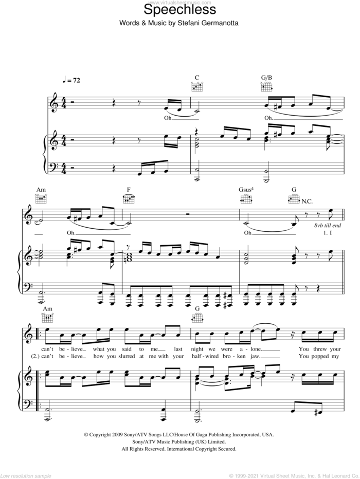 Speechless sheet music for voice, piano or guitar by Lady GaGa, intermediate skill level