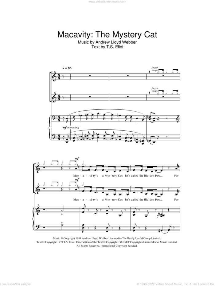 Macavity: The Mystery Cat (from Cats) sheet music for choir (2-Part) by Andrew Lloyd Webber and T.S. Eliot, intermediate duet