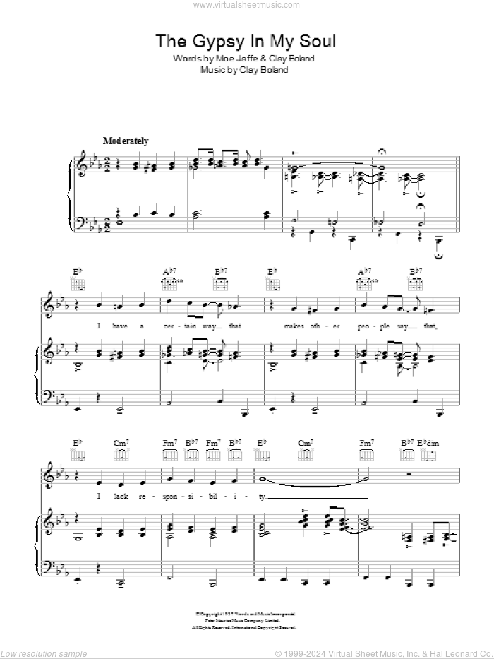 Gypsy In My Soul sheet music for voice, piano or guitar by Ella Fitzgerald, Clay Boland and Moe Jaffe, intermediate skill level