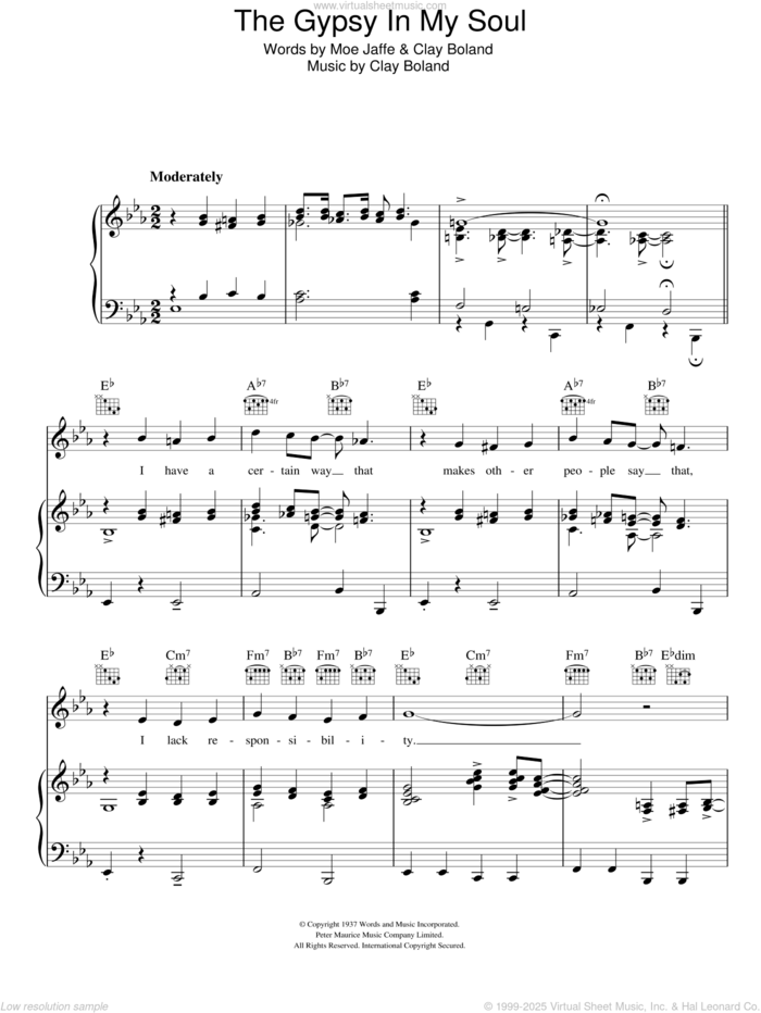 Gypsy In My Soul sheet music for voice, piano or guitar by Ella Fitzgerald, Clay Boland and Moe Jaffe, intermediate skill level