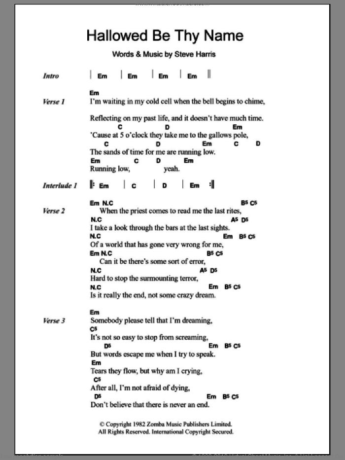 Hallowed Be Thy Name sheet music for guitar (chords) by Iron Maiden and Steve Harris, intermediate skill level