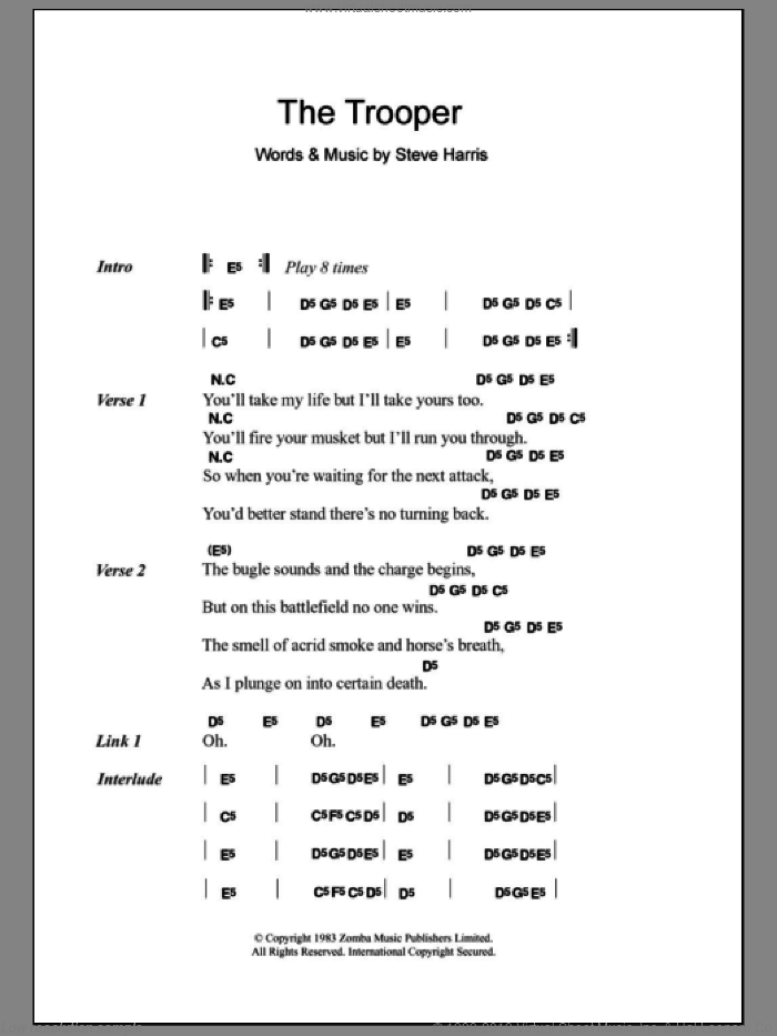 The Trooper sheet music for guitar (chords) by Iron Maiden and Steve Harris, intermediate skill level