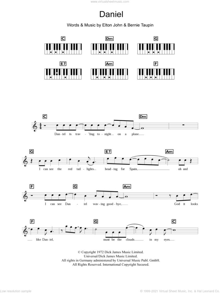 Daniel sheet music for piano solo (chords, lyrics, melody) by Elton John and Bernie Taupin, intermediate piano (chords, lyrics, melody)