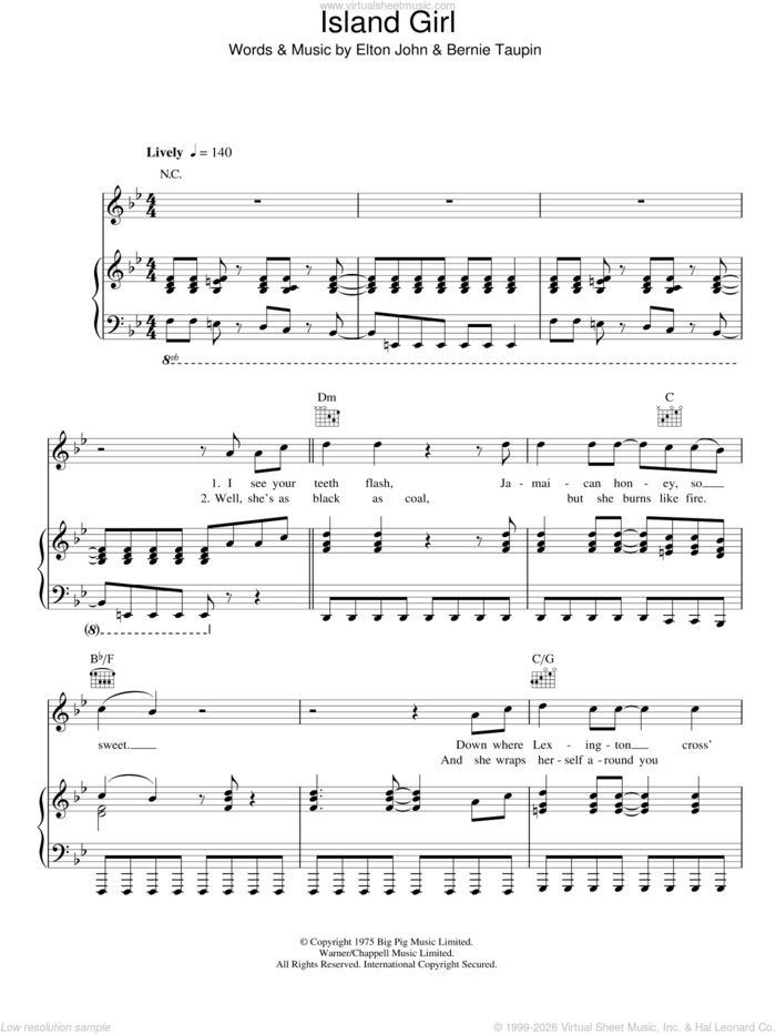Island Girl sheet music for voice, piano or guitar by Elton John and Bernie Taupin, intermediate skill level