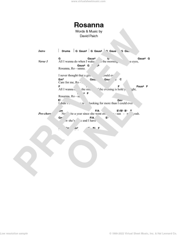 Rosanna sheet music for guitar (chords) by Toto and David Paich, intermediate skill level