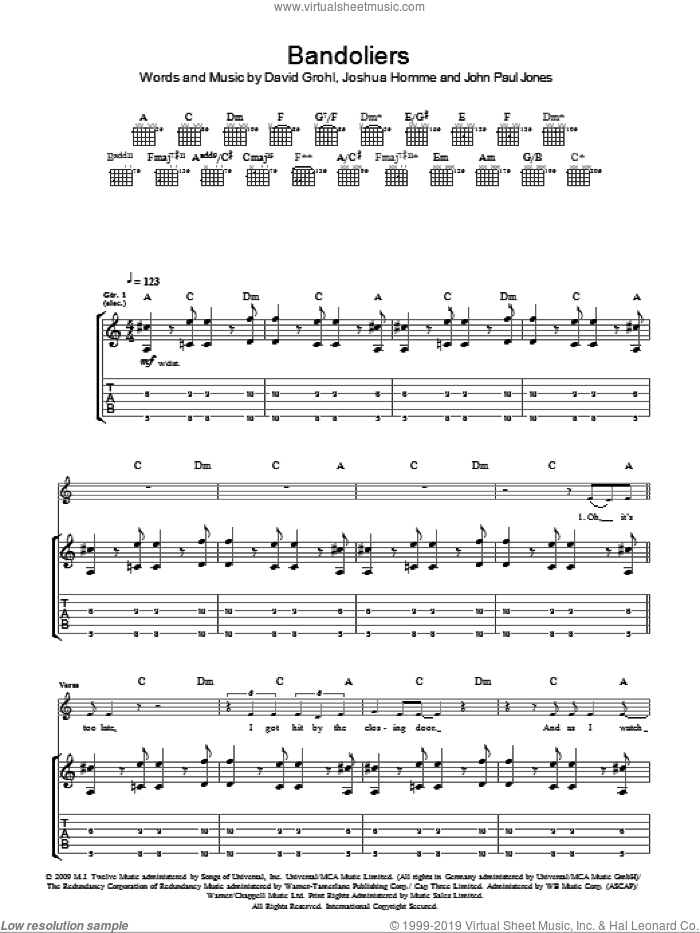 Bandoliers sheet music for guitar (tablature) by Them Crooked Vultures, Dave Grohl, John Paul Jones and Josh Homme, intermediate skill level