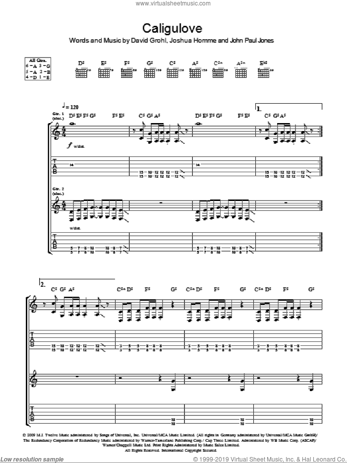 Caligulove sheet music for guitar (tablature) by Them Crooked Vultures, Dave Grohl, John Paul Jones and Josh Homme, intermediate skill level