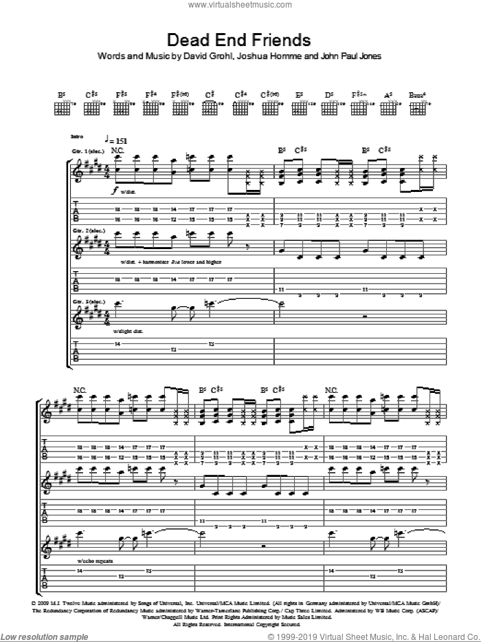 Dead End Friends sheet music for guitar (tablature) by Them Crooked Vultures, Dave Grohl, John Paul Jones and Josh Homme, intermediate skill level