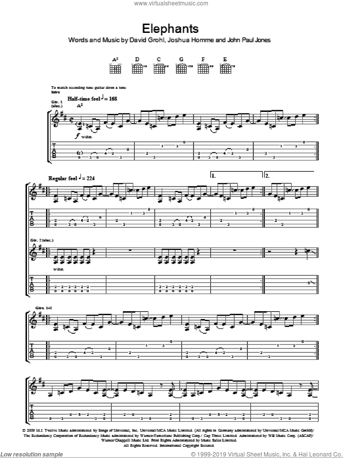 Elephants sheet music for guitar (tablature) by Them Crooked Vultures, Dave Grohl, John Paul Jones and Josh Homme, intermediate skill level