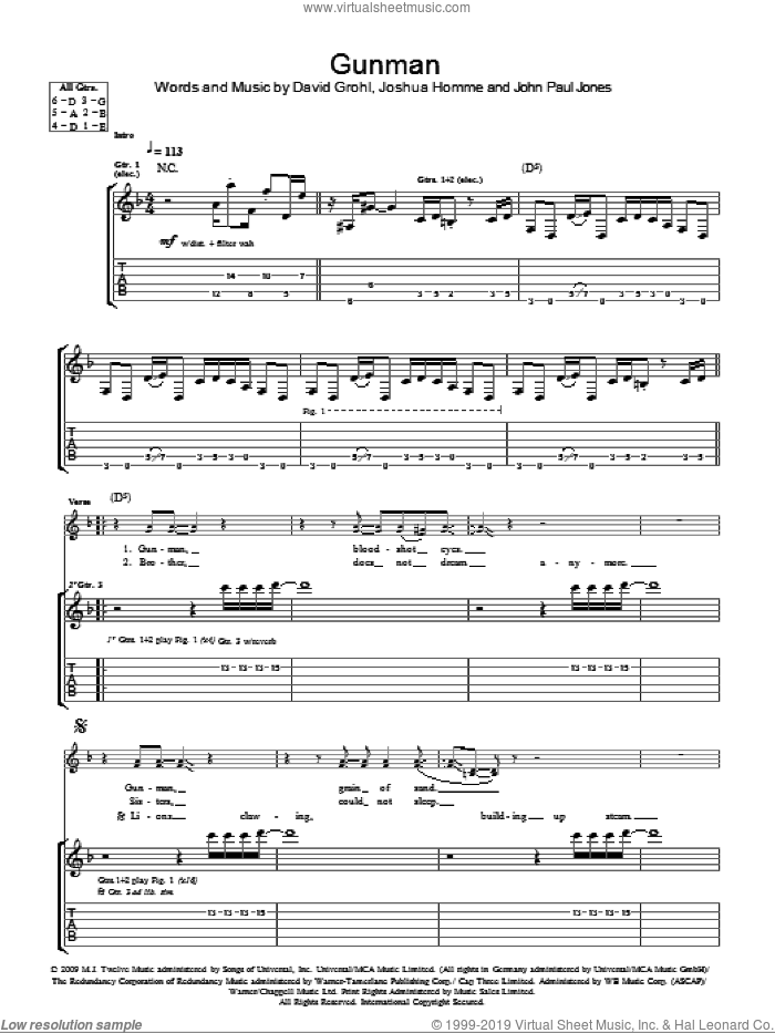 Gunman sheet music for guitar (tablature) by Them Crooked Vultures, Dave Grohl, John Paul Jones and Josh Homme, intermediate skill level