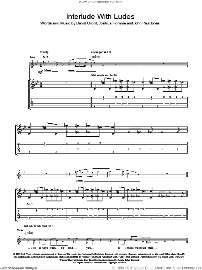 Interlude With Ludes sheet music for guitar (tablature) by Them Crooked Vultures, Dave Grohl, John Paul Jones and Josh Homme, intermediate skill level