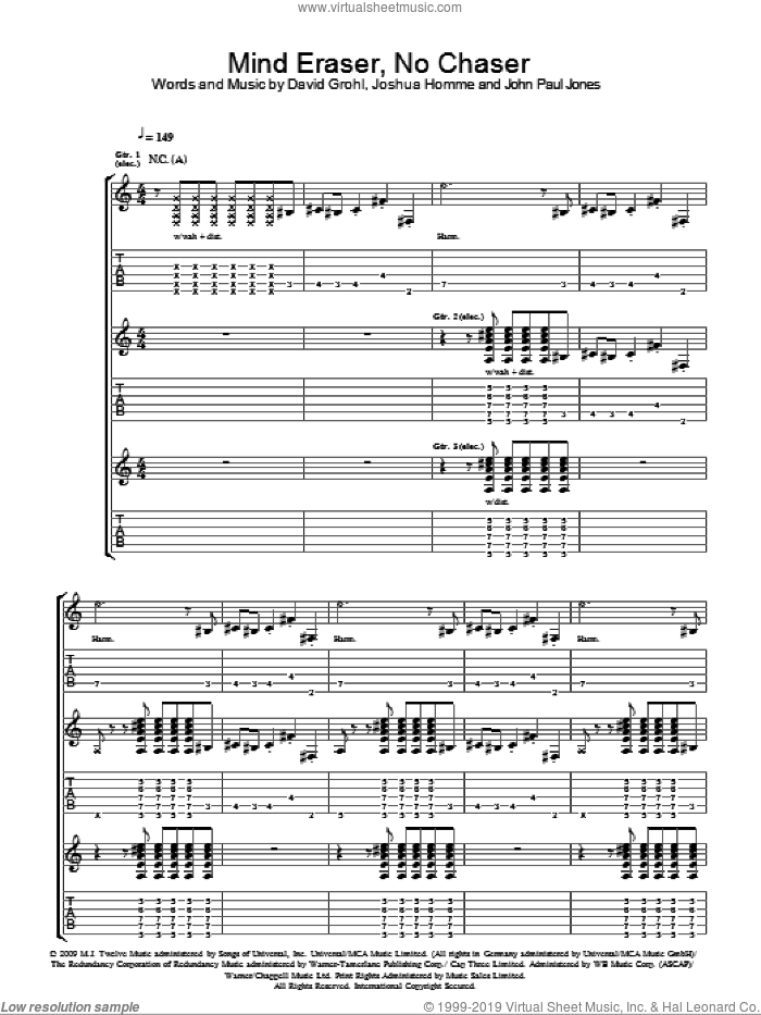 Mind Eraser, No Chaser sheet music for guitar (tablature) by Them Crooked Vultures, Dave Grohl, John Paul Jones and Josh Homme, intermediate skill level