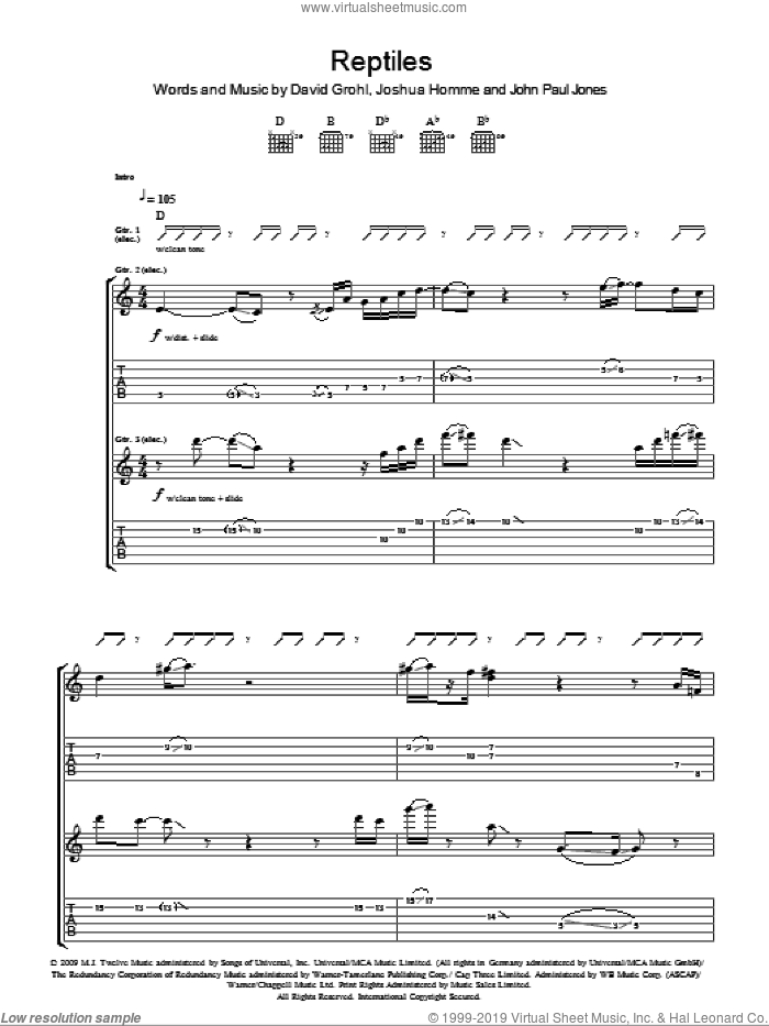 Reptiles sheet music for guitar (tablature) by Them Crooked Vultures, Dave Grohl, John Paul Jones and Josh Homme, intermediate skill level
