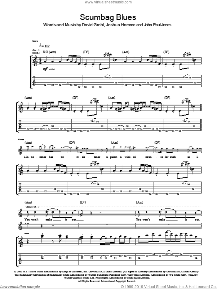 Scumbag Blues sheet music for guitar (tablature) by Them Crooked Vultures, Dave Grohl, John Paul Jones and Josh Homme, intermediate skill level