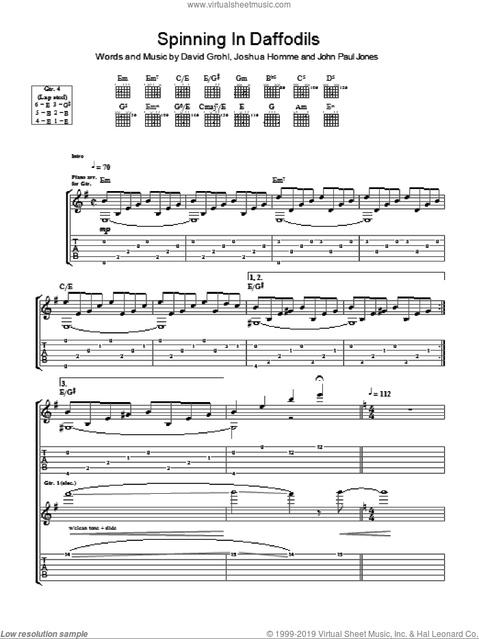 Spinning In Daffodils sheet music for guitar (tablature) by Them Crooked Vultures, Dave Grohl, John Paul Jones and Josh Homme, intermediate skill level